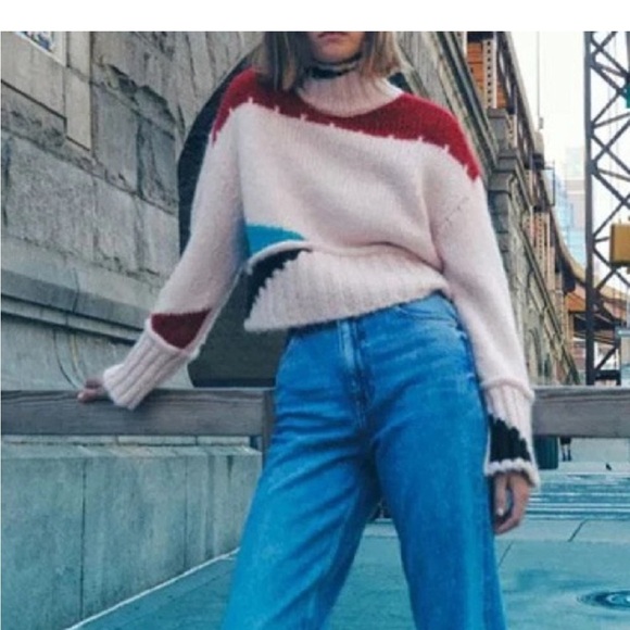 Zara Boxy Cropped Colorblock Chunky Knit Wool Blend Sweater Size Medium western - Picture 15 of 15